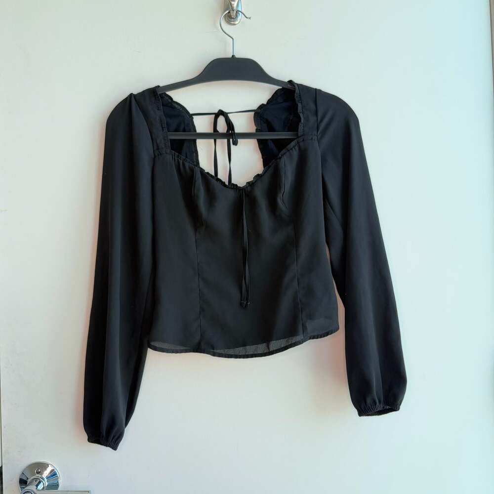 Abercrombie & Fitch Black Long Sleeve Smocked Back Tie-Front Blouse Size S